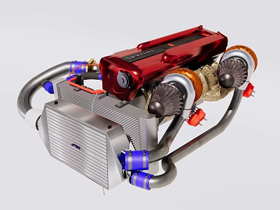 Heavy Duty Industrial Mechanical Equipment With Red Body Silver Radiator Blue Pipes And Turbo Fans 3d model