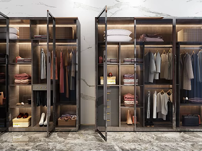 Modern Sleek Wardrobe Interior With Glass Doors Hanging Clothes Folded Garments And Shoes 3d model