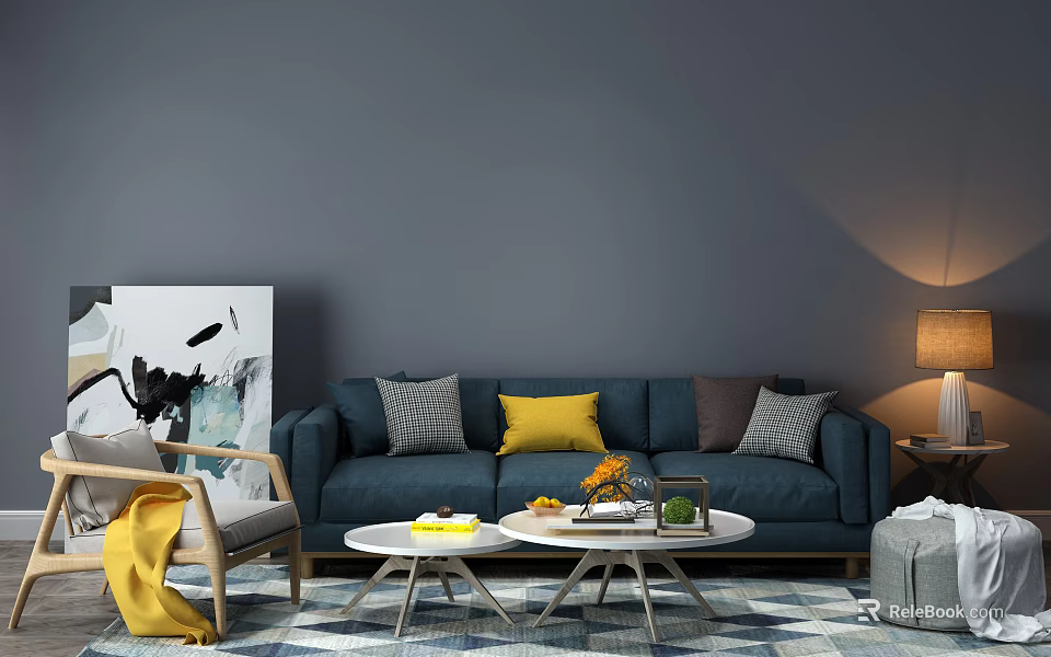 Modern Navy Blue Sofa And Coffee Table Set With Decorative Pillows On Patterned Rug 3d model