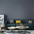 Modern Navy Blue Sofa And Coffee Table Set With Decorative Pillows On Patterned Rug 3d model
