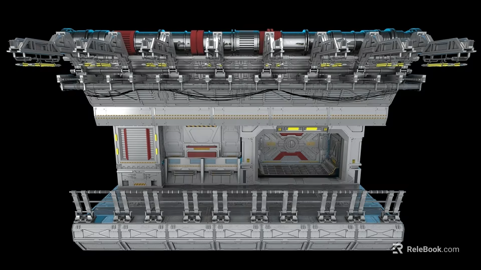 Industrial Sci Fi Scene With Mechanical Platforms Pipes And Control Panels 3d model