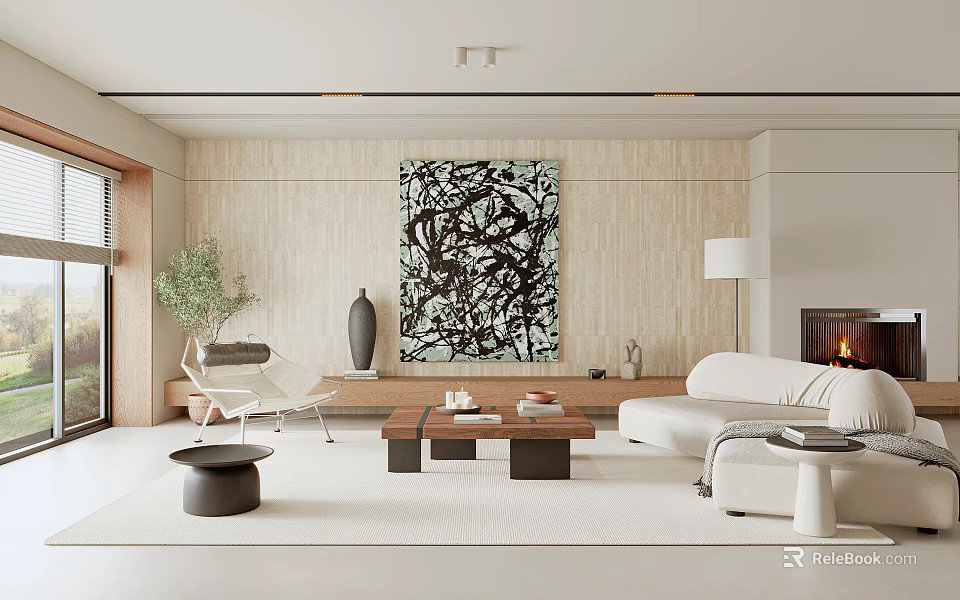 Modern Living Room Interior Design With White Sofa Wooden Wall Abstract Painting And Fireplace 3d model 