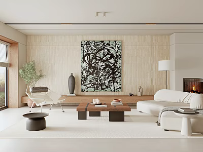 Modern Living Room Interior Design With White Sofa Wooden Wall Abstract Painting And Fireplace 3d model