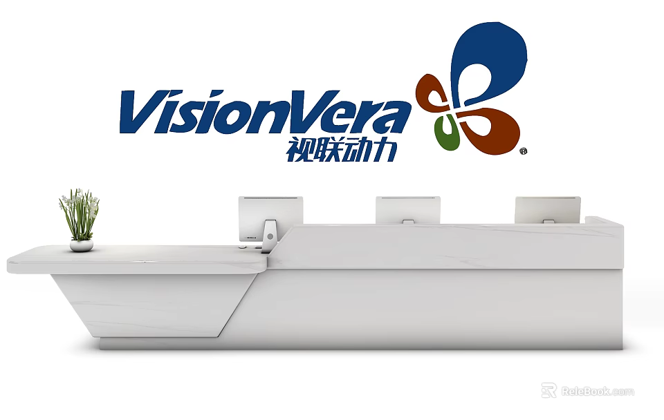 White Reception Desk With Computer Monitors Potted Plant And VisionVera Logo 3d model 