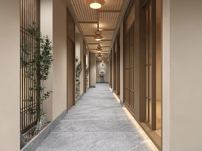 Traditional Chinese Hotel Corridor With Wooden Grilles Pendant Lights Green Plants And Grey Terrazzo Floor 3d model