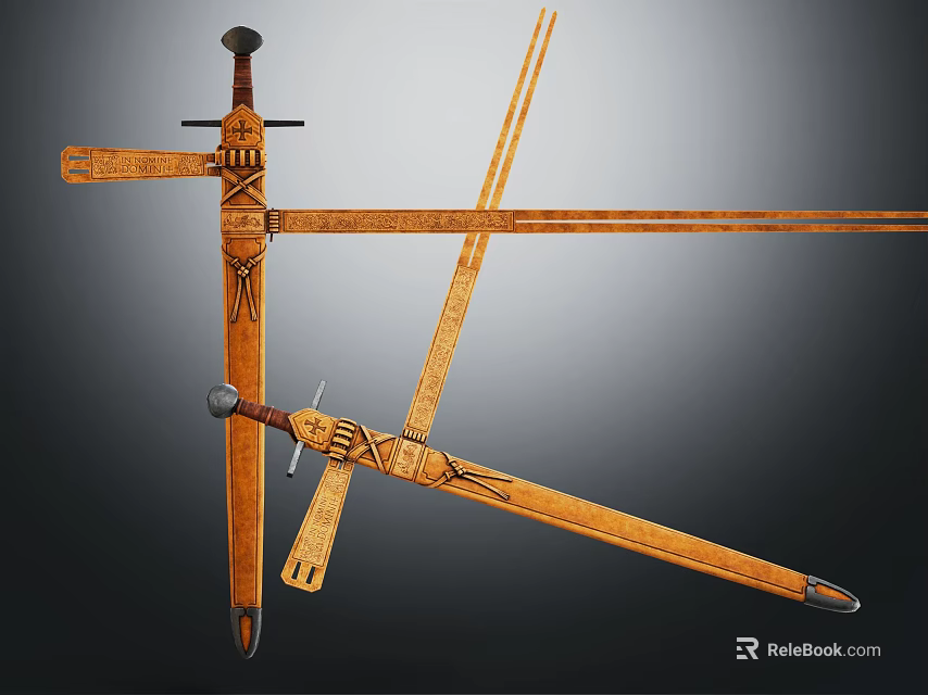 Ancient Wooden Measuring Tools With Intricate Carved Patterns And Crossed Design 3d model 