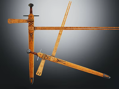 Ancient Wooden Measuring Tools With Intricate Carved Patterns And Crossed Design 3d model