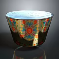 Decorative Bowl With Colorful Floral Patterns And Shiny Silver Rim