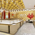 Elegant Jewelry Store Interior With Gold Display Showcases And Circular Lighting Fixtures