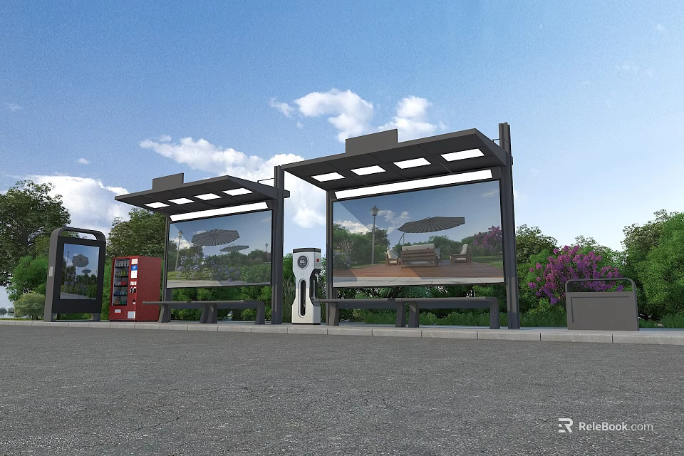 Modern Roadside Bus Shelters With Seats Advertising Panels Charging Stations And Greenery 3d model 