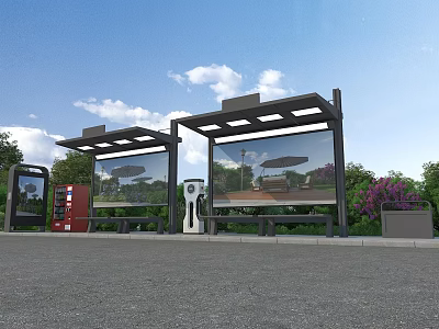 Modern Roadside Bus Shelters With Seats Advertising Panels Charging Stations And Greenery 3d model