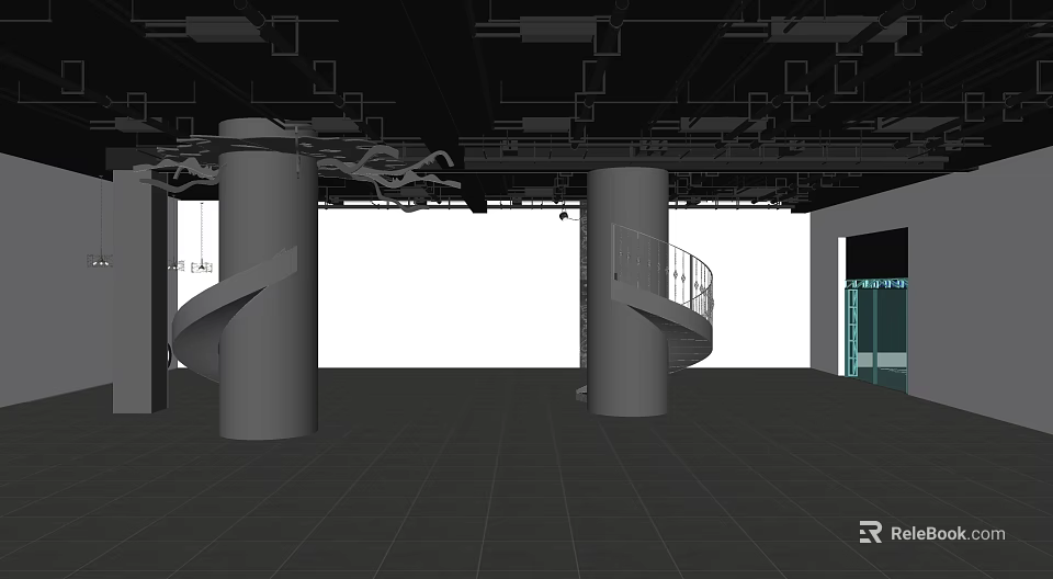 Black Geometric Ceiling Design In Modern Commercial Interior With Spiral Stairs And Columns 3d model 