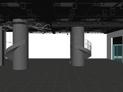Black Geometric Ceiling Design In Modern Commercial Interior With Spiral Stairs And Columns 3d model