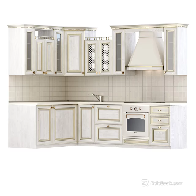 Classic White Kitchen Cabinets With Tiled Backsplash Decorative Trim And Range Hood 3d model 
