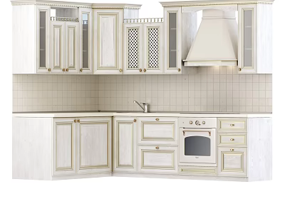 Classic White Kitchen Cabinets With Tiled Backsplash Decorative Trim And Range Hood 3d model
