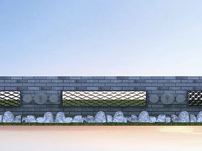 Gray Brick Building Exterior Wall With Lattice Design Bottom Stone Decorations And Blue Sky Grass 3d model