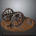 Ancient Cannon Model With Wooden Wheels Iron Barrel And Cannonballs On Brown Base