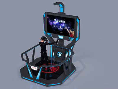Interactive VR Experience Platform With User Wearing Headset And Large Screen 3d model