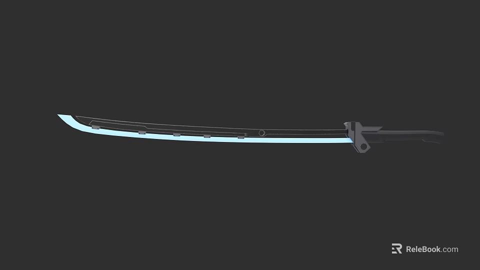 Glowing Blue Curved Blade Katana Weapon With Metallic Handle On Dark Background 3d model 