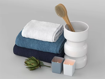Stylish Bathroom Accessories With Stacked Towels Wooden Hairbrush White Container Small Candles And Decorative Artichoke 3d model