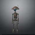 Metallic Robot With Large Hat Shaped Head Blue Sphere Antenna And Mechanical Limbs