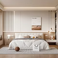 Modern Minimalist Bedroom Interior With Cozy Bed Decorative Painting And Hanging Lights