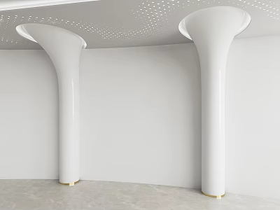 White Modern Columns with Golden Bases White Walls Perforated Ceiling and Light Marble Floor 3d model
