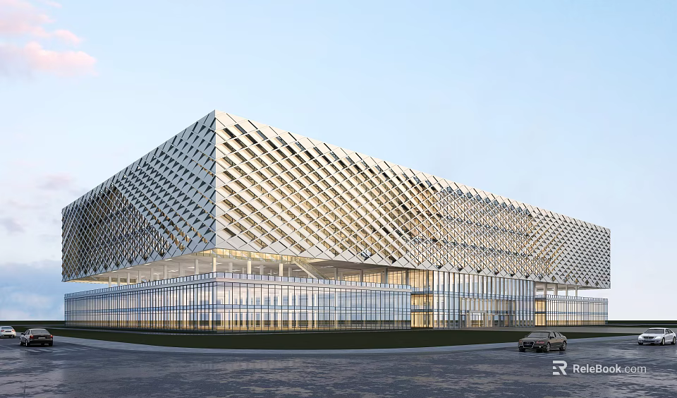 Modern Architectural Building With Geometric Grid Facade And Glass Curtain Wall In Urban Area 3d model 