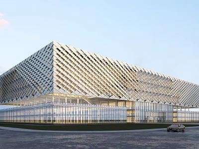 Modern Architectural Building With Geometric Grid Facade And Glass Curtain Wall In Urban Area 3d model