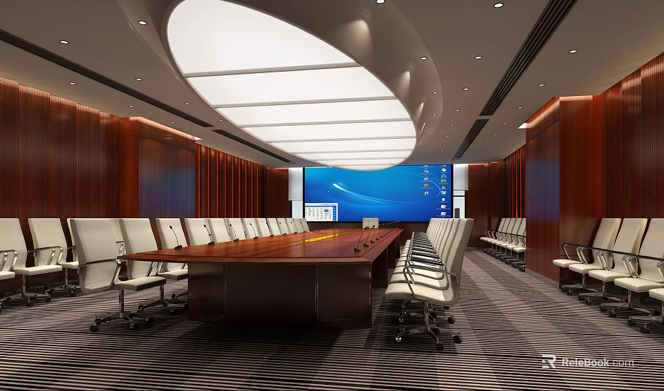 Modern Conference Room With Long Wooden Table White Chairs Large Screen And Wooden Walls 3d model 
