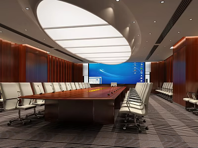 Modern Conference Room With Long Wooden Table White Chairs Large Screen And Wooden Walls 3d model