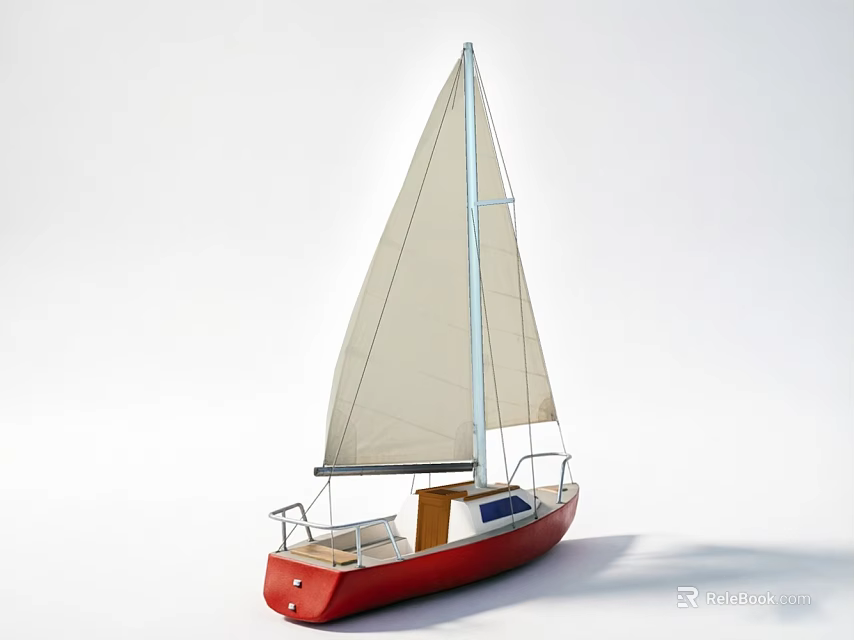 Sailboat Model Featuring Red Hull White Sail and Deck on White Background 3d model 