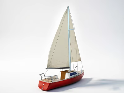 Sailboat Model Featuring Red Hull White Sail and Deck on White Background 3d model