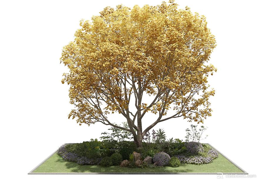 Beautiful Golden Leaf Arbor With Lush Green Plants Stones And Well Maintained Lawn 3d model 