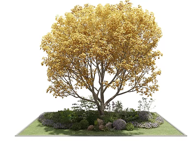 Beautiful Golden Leaf Arbor With Lush Green Plants Stones And Well Maintained Lawn 3d model