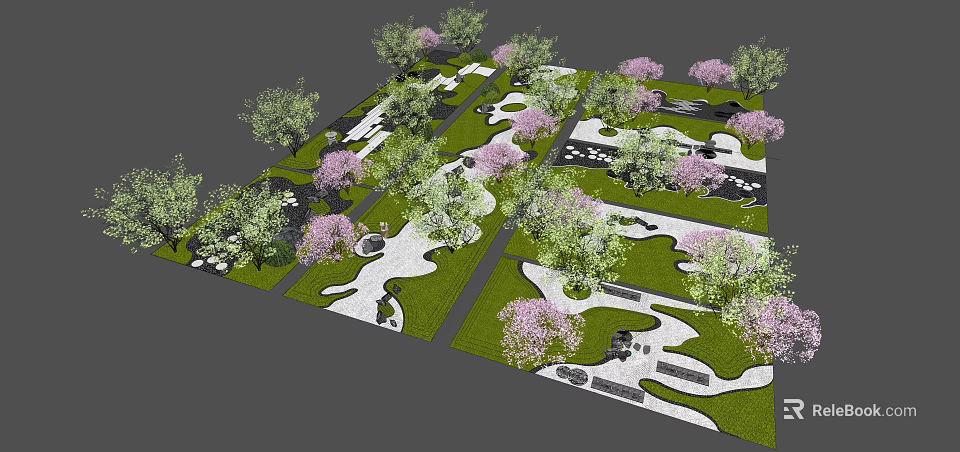 Park Landscape With Green Lawns Winding Paths Pink Flowering Trees And Serene Water Features 3d model 