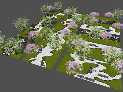 Park Landscape With Green Lawns Winding Paths Pink Flowering Trees And Serene Water Features 3d model