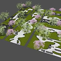 Park Landscape With Green Lawns Winding Paths Pink Flowering Trees And Serene Water Features