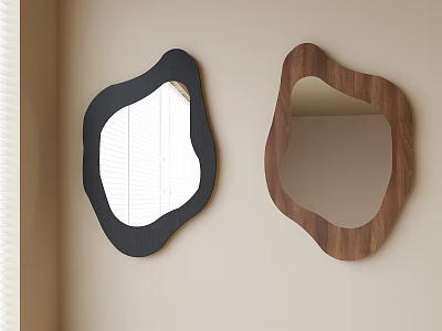 Unique Irregular Shaped Mirrors with Black and Wooden Frames Hanging on Beige Wall 3d model