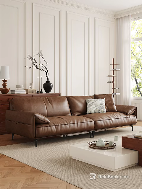 Brown Leather Sofa Coffee Table Set With Decorative Throw Pillow Tea Set And Natural Light 3d model
