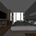 Hotel Room with Large Windows City View White Bedding Wooden Floor Modern Interior