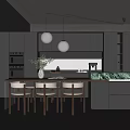 Modern Restaurant Kitchen with Open Design Hanging Spherical Lights and Marble Countertop 3d model