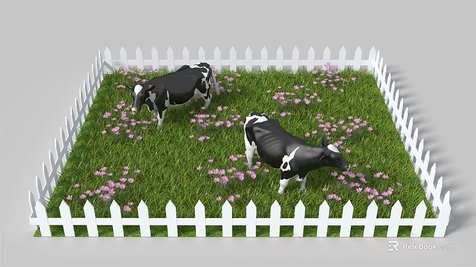 Black and White Cows Grazing on Green Grass with Pink Flowers and White Picket Fence 3d model 