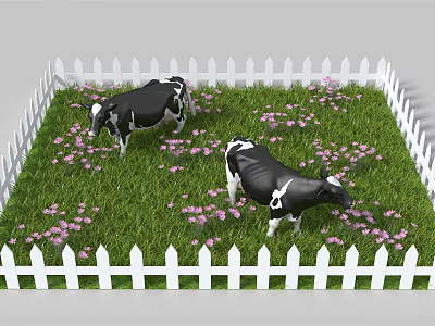 Black and White Cows Grazing on Green Grass with Pink Flowers and White Picket Fence 3d model