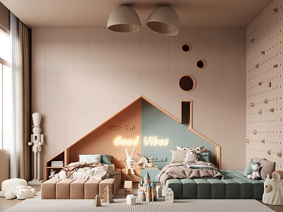 Kids Room Interior With Good Vibes Bed Pendant Lights Circular Wall Cutouts And Stuffed Toys 3d model