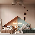 Kids Room Interior With Good Vibes Bed Pendant Lights Circular Wall Cutouts And Stuffed Toys