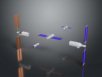 Spacecraft Models With Solar Panels In Different Sizes And Shapes On Gray Reflective Background 3d model
