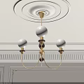 Elegant Chandelier With White Spherical Shades Golden Metal Frame And Ceiling Medallion In Classic Interior