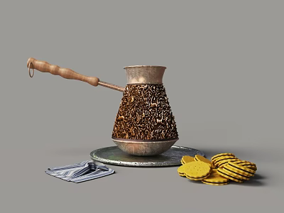 Copper Tea Set With Wooden Handle Intricate Patterns And Cookies On Tray 3d model