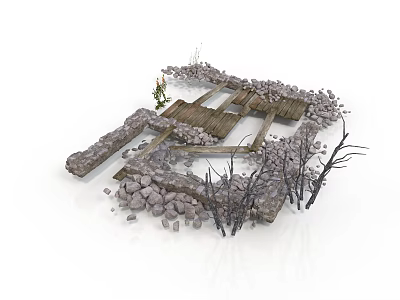 Rustic Stone Wall And Wooden Bridge Structure With Scattered Stones And Dry Branches 3d model